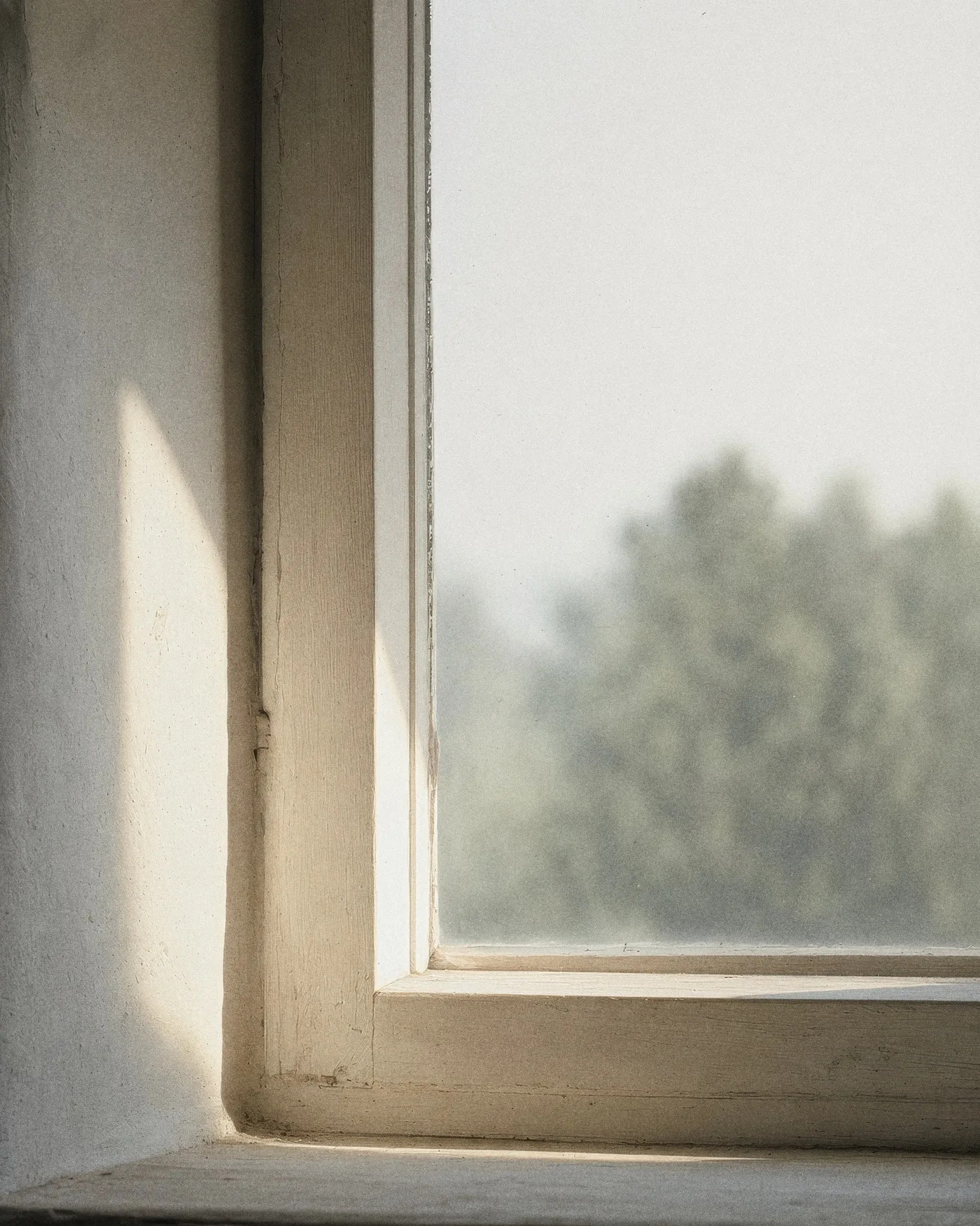 Angeschnittener Fensterrahmen im Seitenlicht, draußen unscharf Baumkronen, mit KI erzeugt