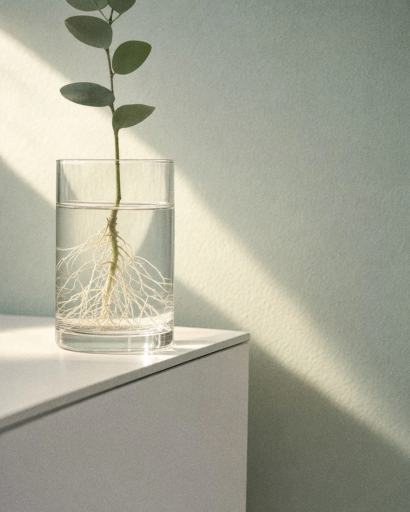 Ein Steckling mit Wurzeln in einem Wasserglas auf einem weißen Sideboard, im Streifen Sonnenlicht, mit KI erzeugt
