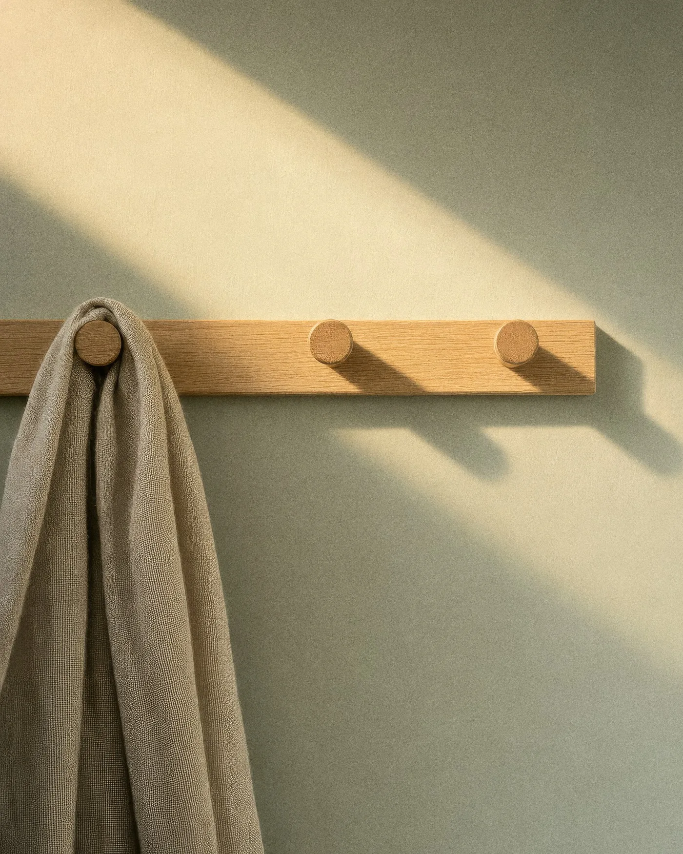 Eine Holzleiste mit drei Haken an einer salbeigrünen Wand, an einem hängt ein heller Schal, ein Sonnenstreifen fällt schräg darüber, mit KI erzeugt